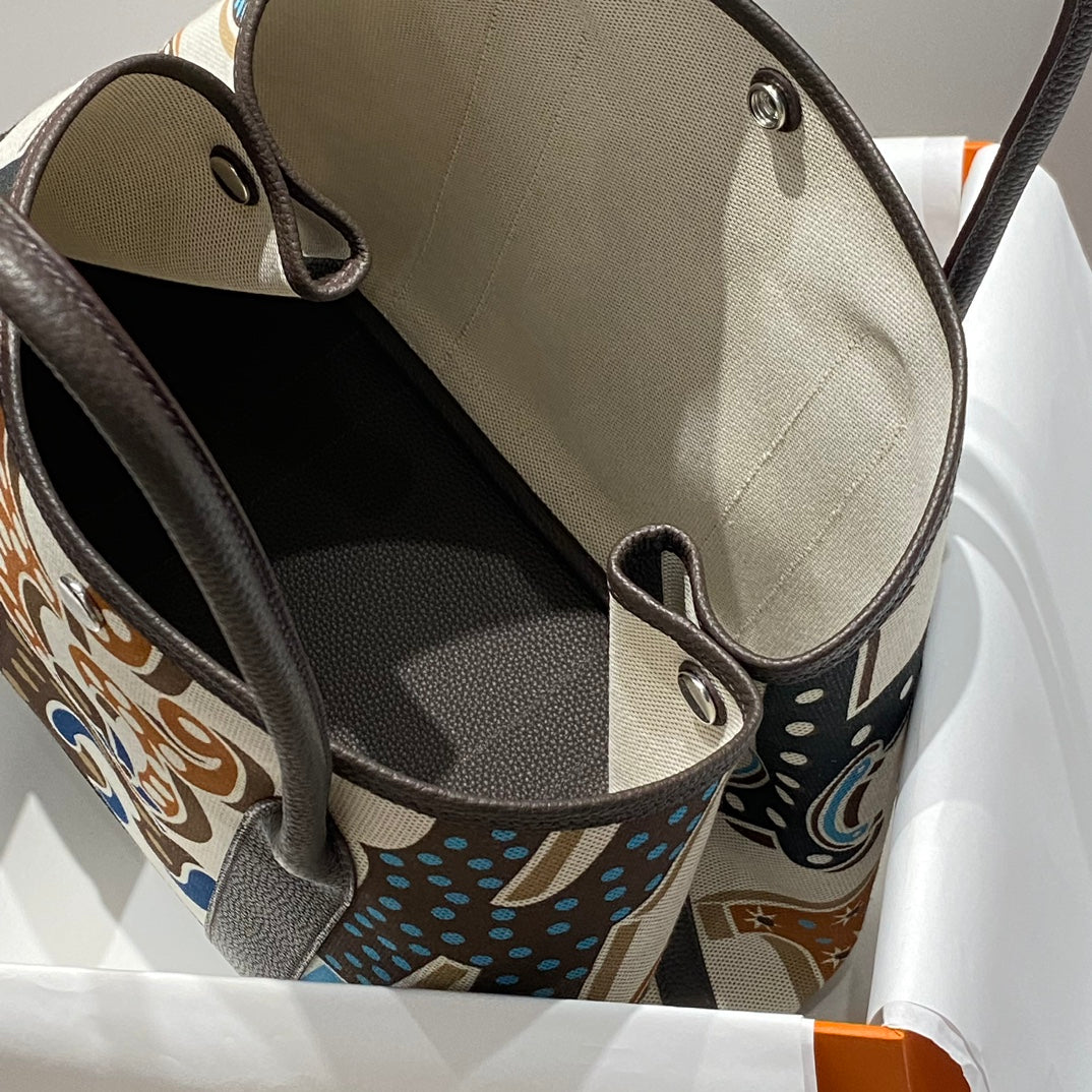 HERMES GARDEN PARTY 36 IN MULTICOLOR TOILE H CANVAS DARK BROWN CALFSKIN ABSTRACT GRAPHIC PRINT