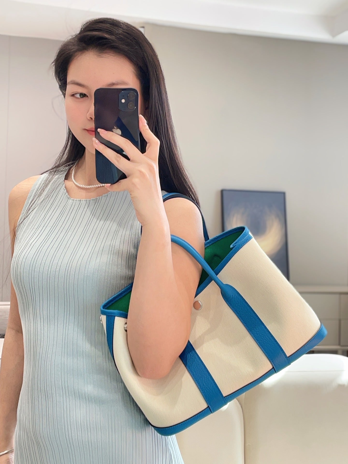 HERMES GARDEN PARTY 30CM IN WHITE TOILETS COTTON CANVAS AND BLUE CALFSKIN GREEN ON SIDE OTHER