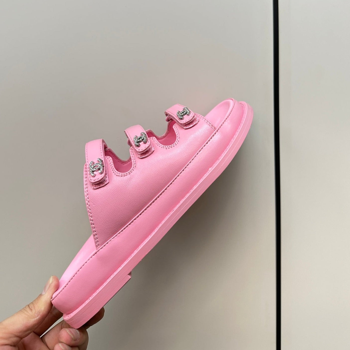 CHANEL dad sandals pink 3 rows lambskin mules