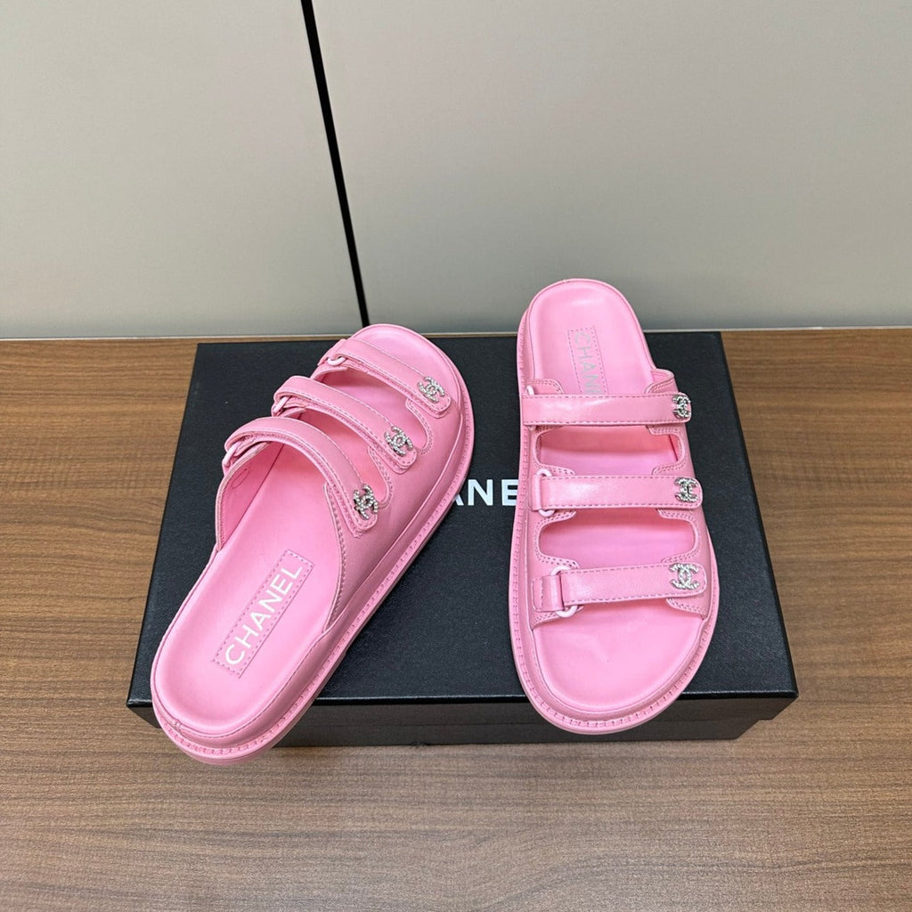 CHANEL dad sandals pink 3 rows lambskin mules