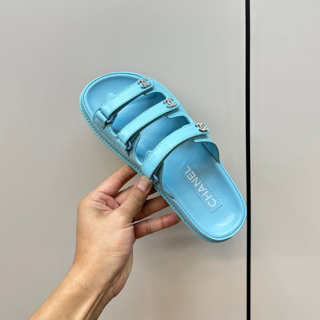 CHANEL dad sandals cloud blue 3 rows lambskin mules