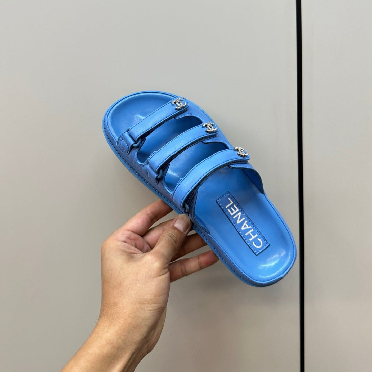 CHANEL dad sandals dodger blue 3 rows lambskin mules