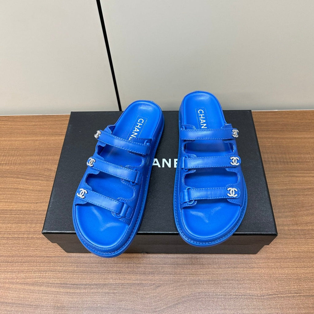 CHANEL dad sandals blue 3 rows lambskin mules