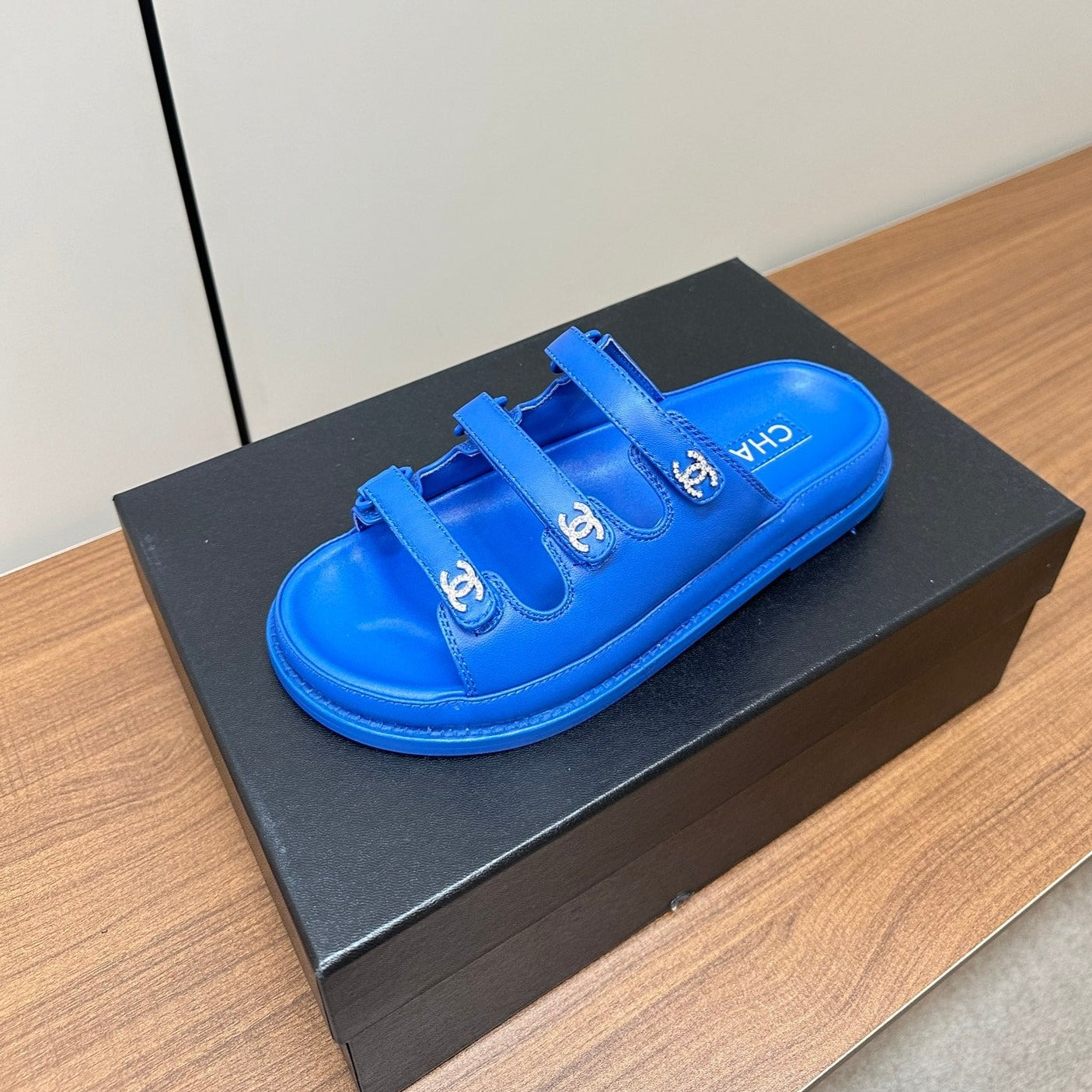 CHANEL dad sandals blue 3 rows lambskin mules