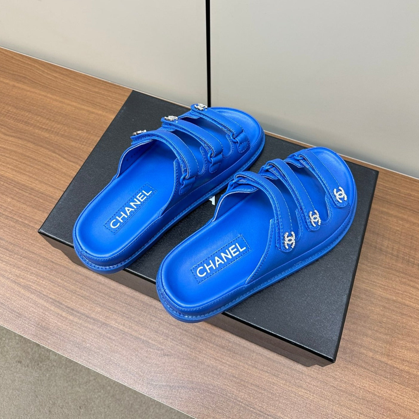 CHANEL dad sandals blue 3 rows lambskin mules