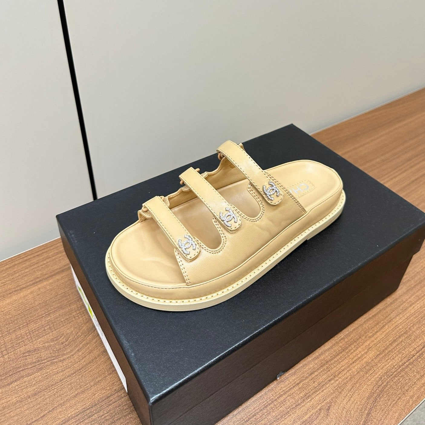 CHANEL dad sandals cream 3 rows lambskin mules