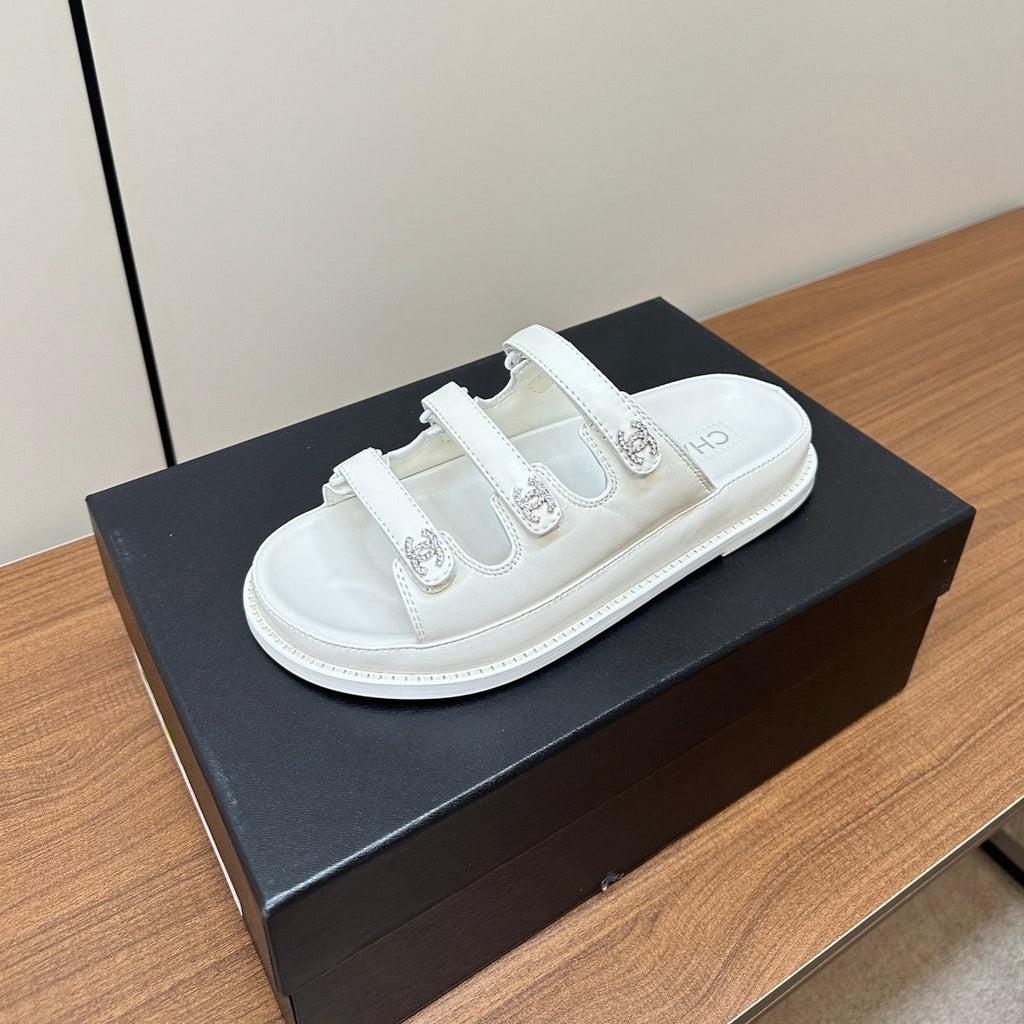 CHANEL dad sandals white 3 rows lambskin mules