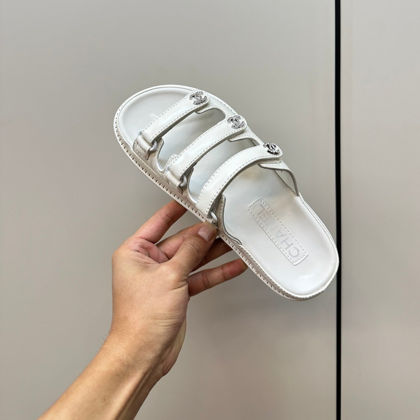CHANEL dad sandals white 3 rows lambskin mules