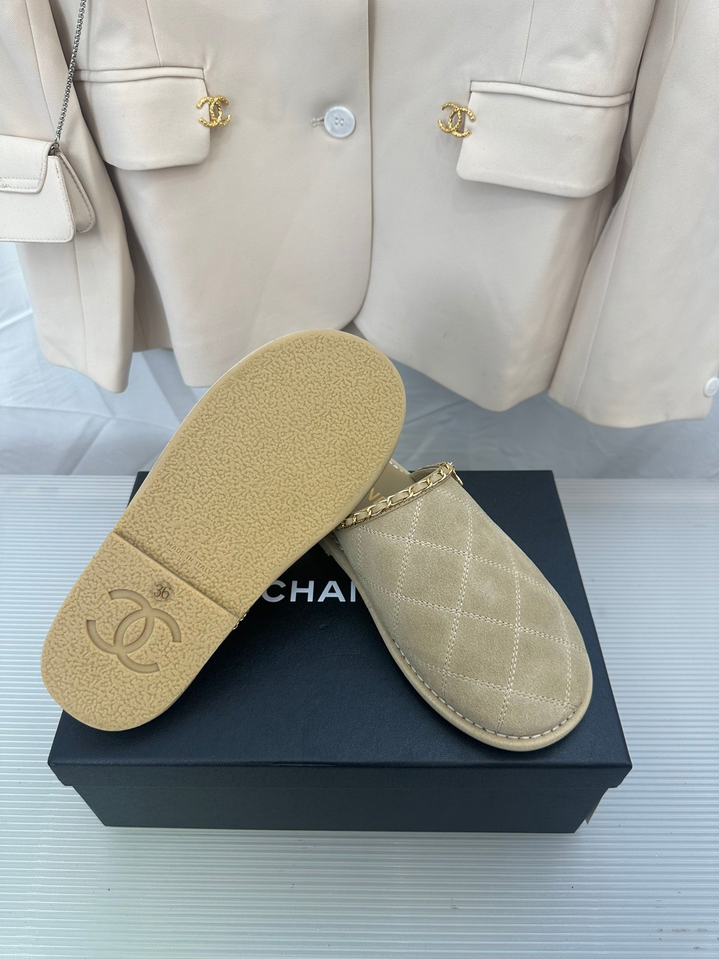 CHANEL Khaki Green Suede Gold Chain Mules