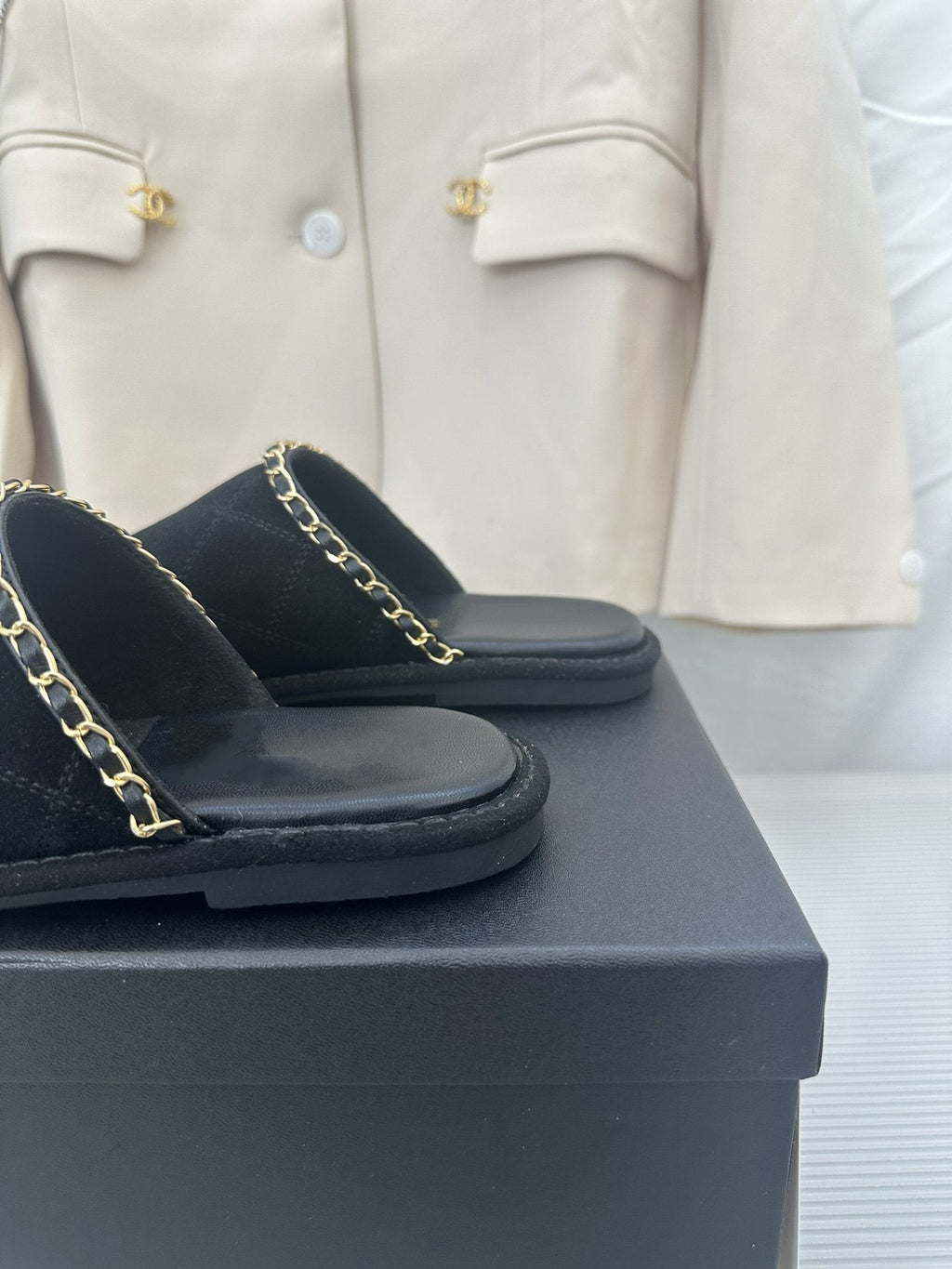 CHANEL Black Suede Gold Chain Mules