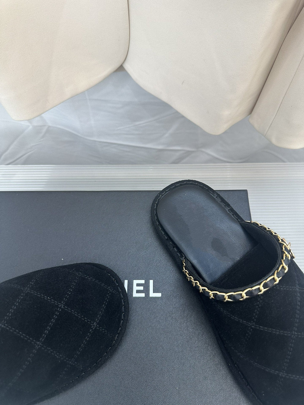 CHANEL Black Suede Gold Chain Mules