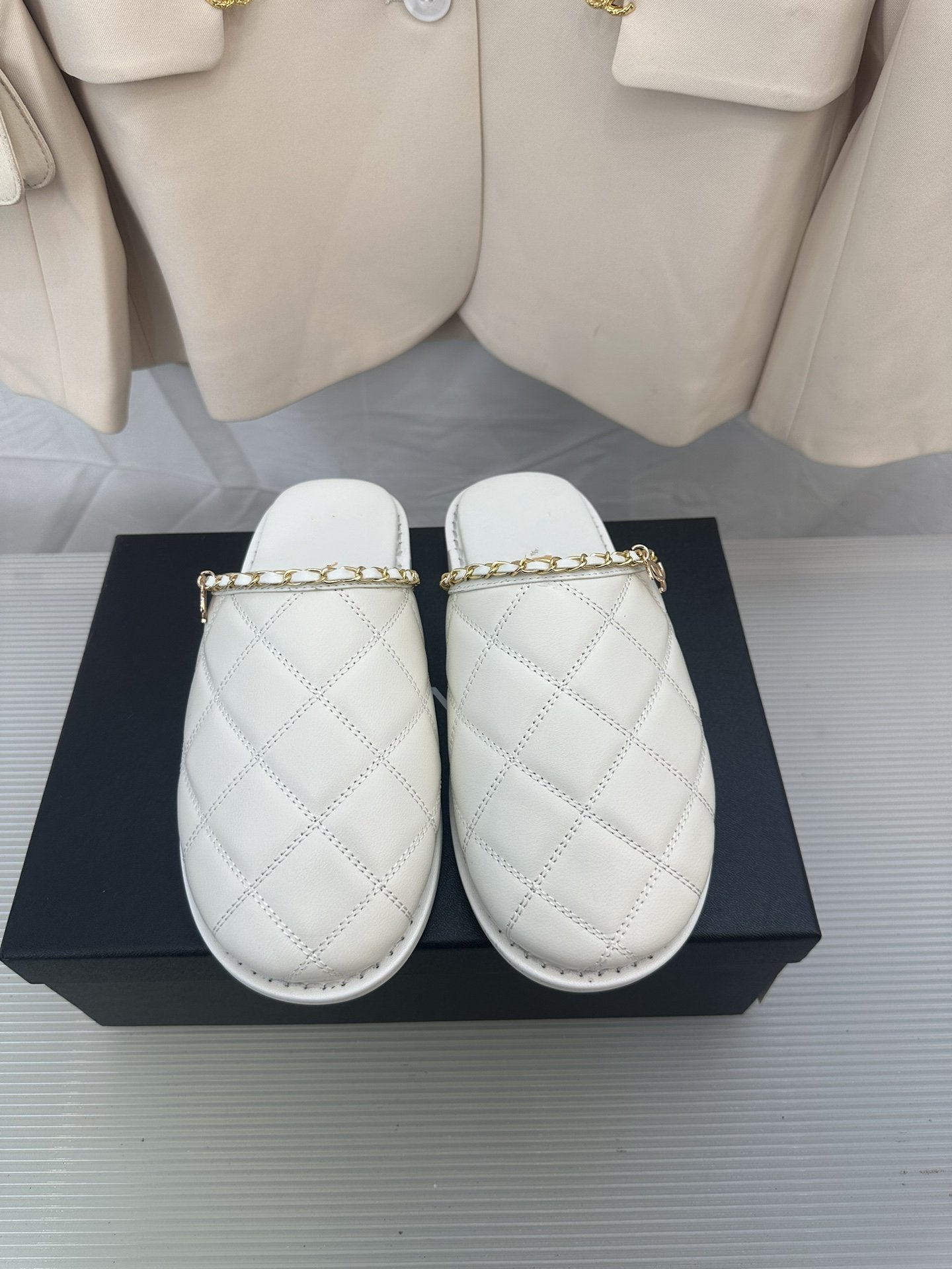 CHANEL White Lambskin Gold Chain Mules