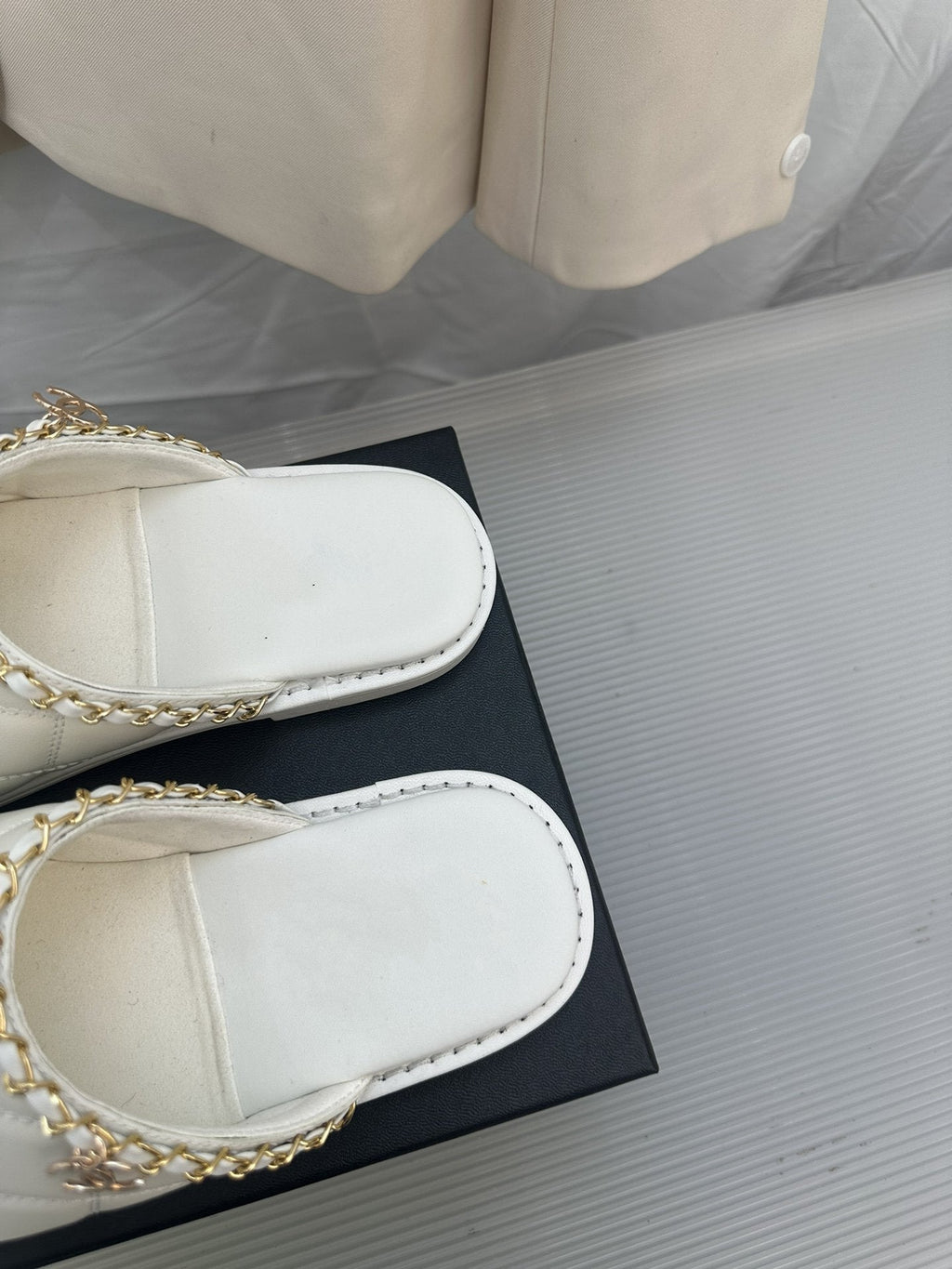 CHANEL White Lambskin Gold Chain Mules