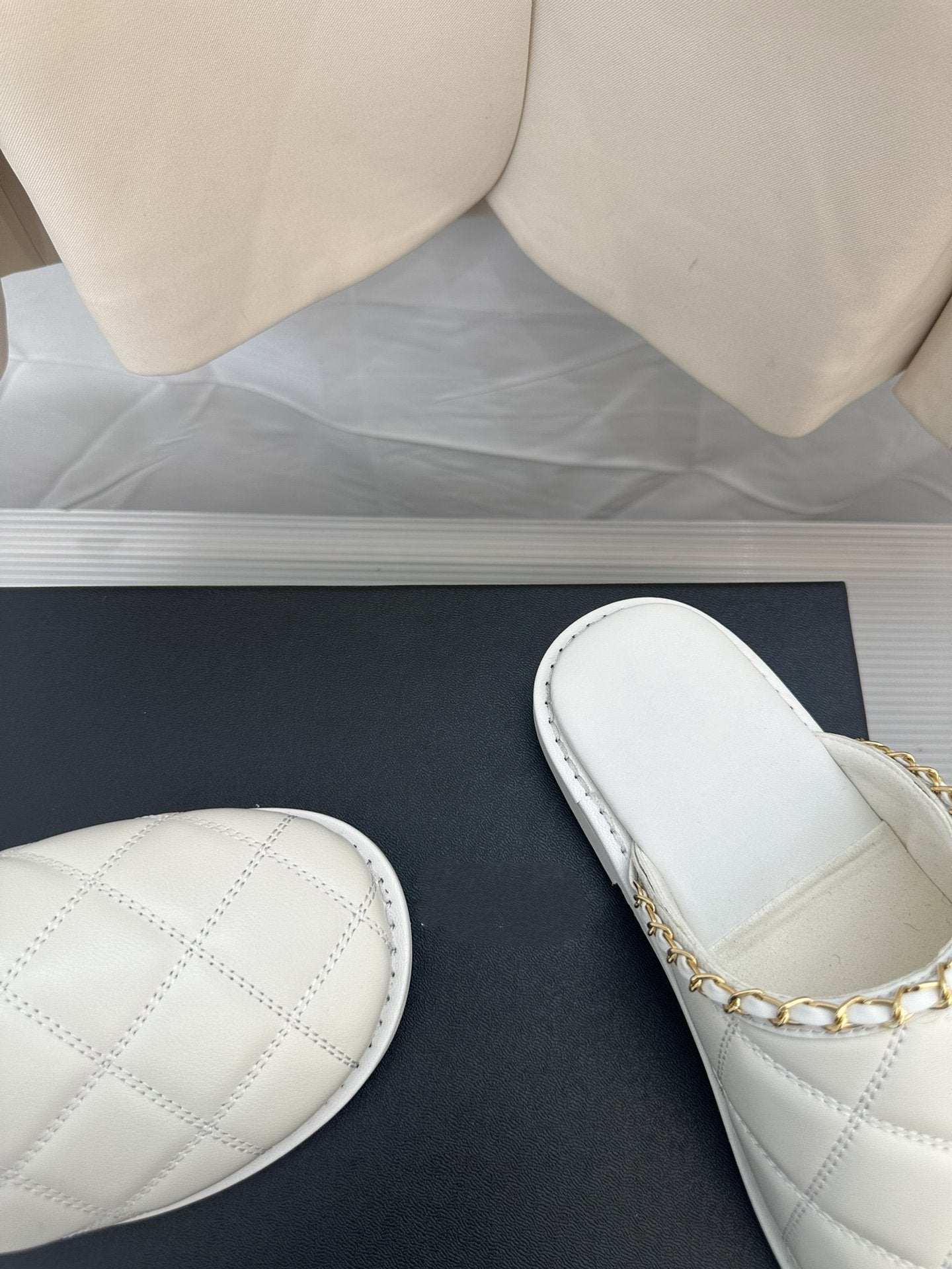 CHANEL White Lambskin Gold Chain Mules