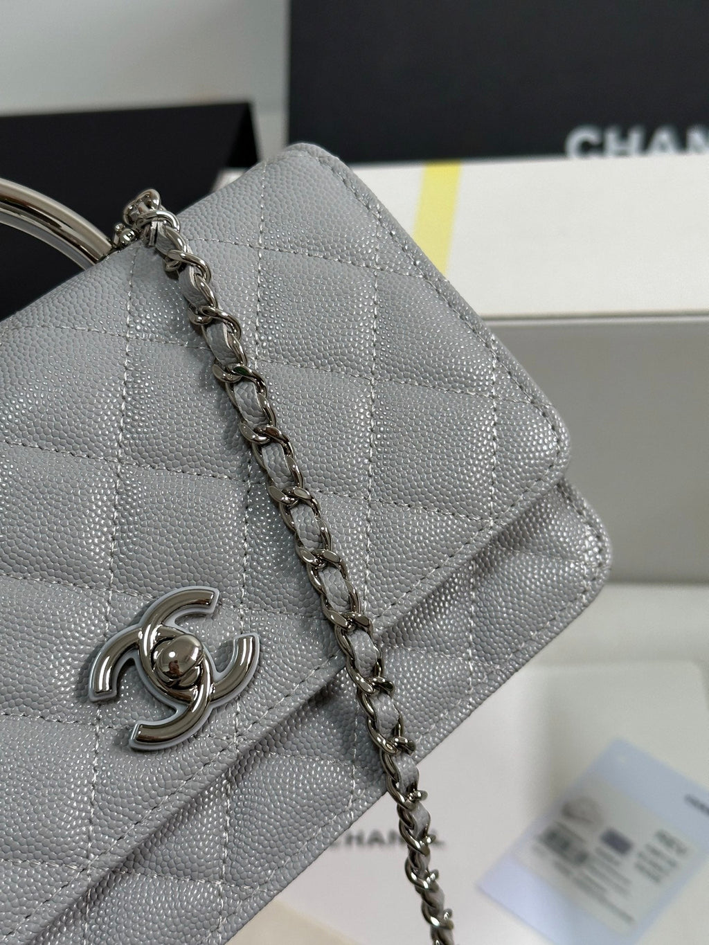 CHANEL FLAP BAG WITH SILVER-TONE HANDLE 19 IN GREY SHINY CAVIAR SKIN