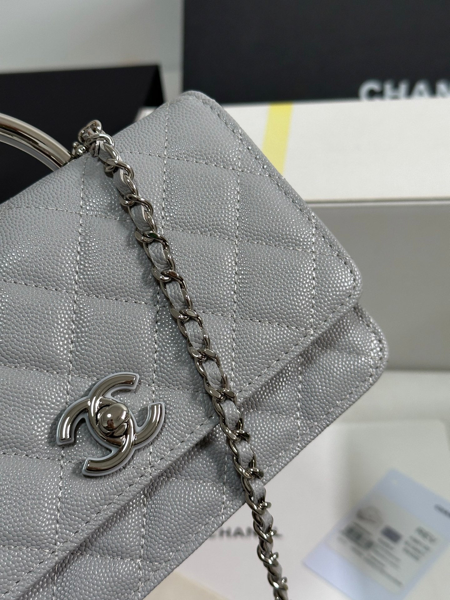 CHANEL FLAP BAG WITH SILVER-TONE HANDLE 19 IN GREY SHINY CAVIAR SKIN