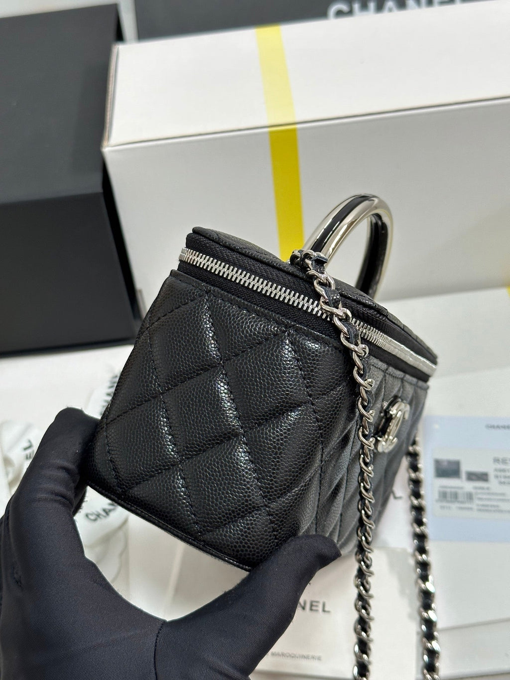 CHANEL MINI VANITY TOP HANDLE CASE 17 IN BLACK CAVIAR SKIN SILVER-TONE PLATED METAL