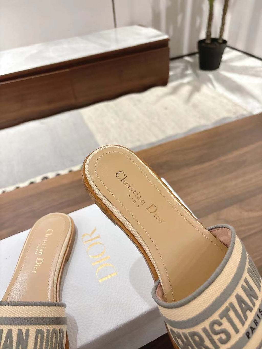 DIOR DWAY SLIDES IN BEIGE AND GRAY TECHNICAL FABRIC