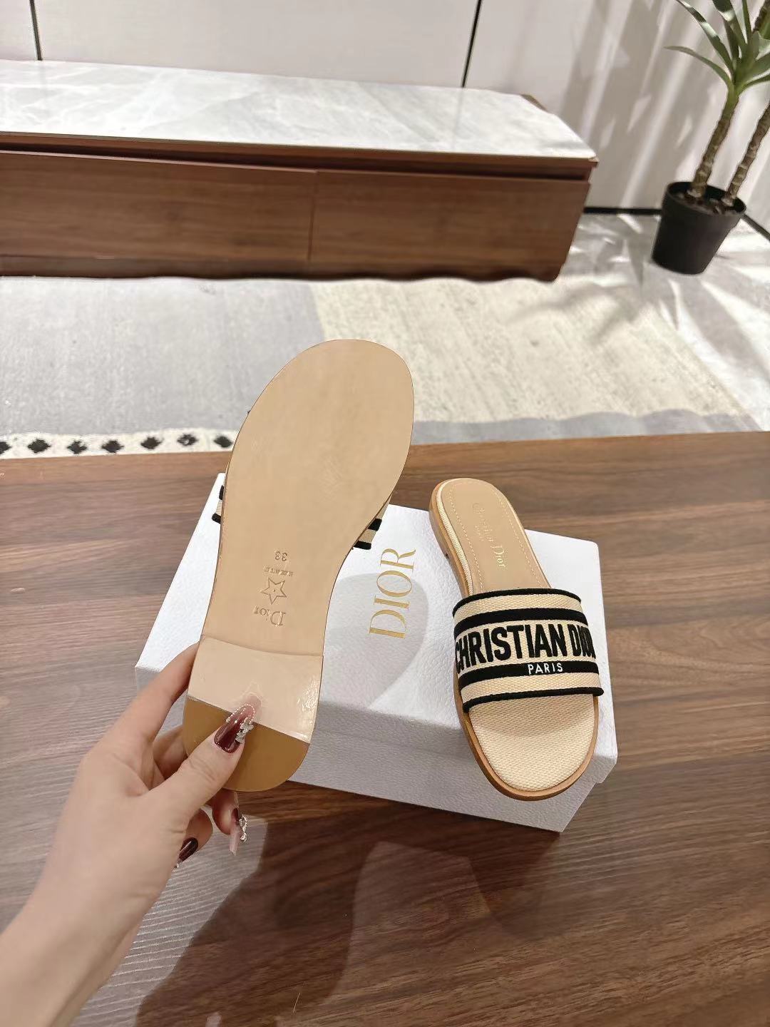 DIOR DWAY SLIDES IN BEIGE AND BLACK TECHNICAL FABRIC