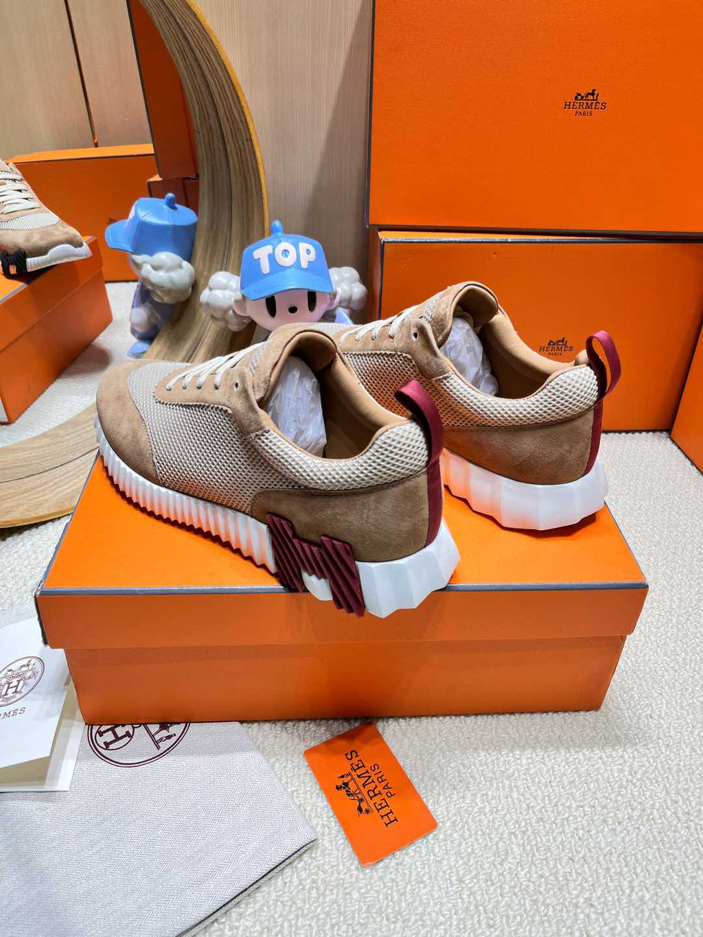 HERMES BOUNCING SNEAKER IN PEANUT BROWN SUEDE AND WHITE KNIT