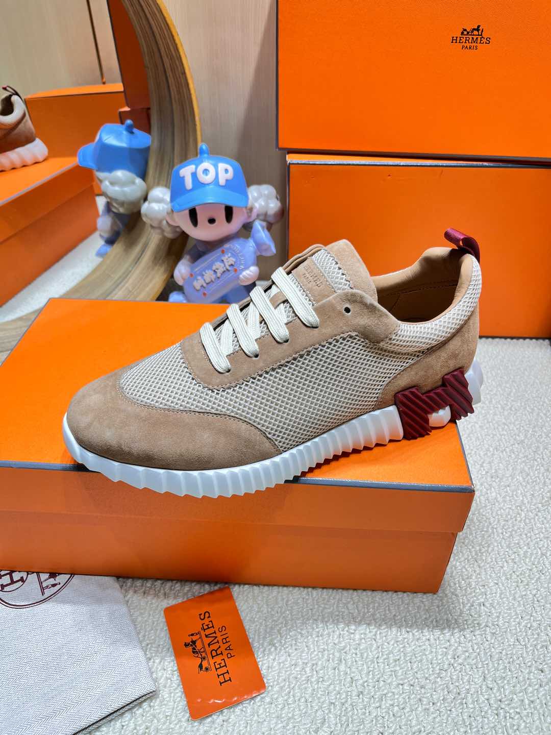 HERMES BOUNCING SNEAKER IN PEANUT BROWN SUEDE AND WHITE KNIT