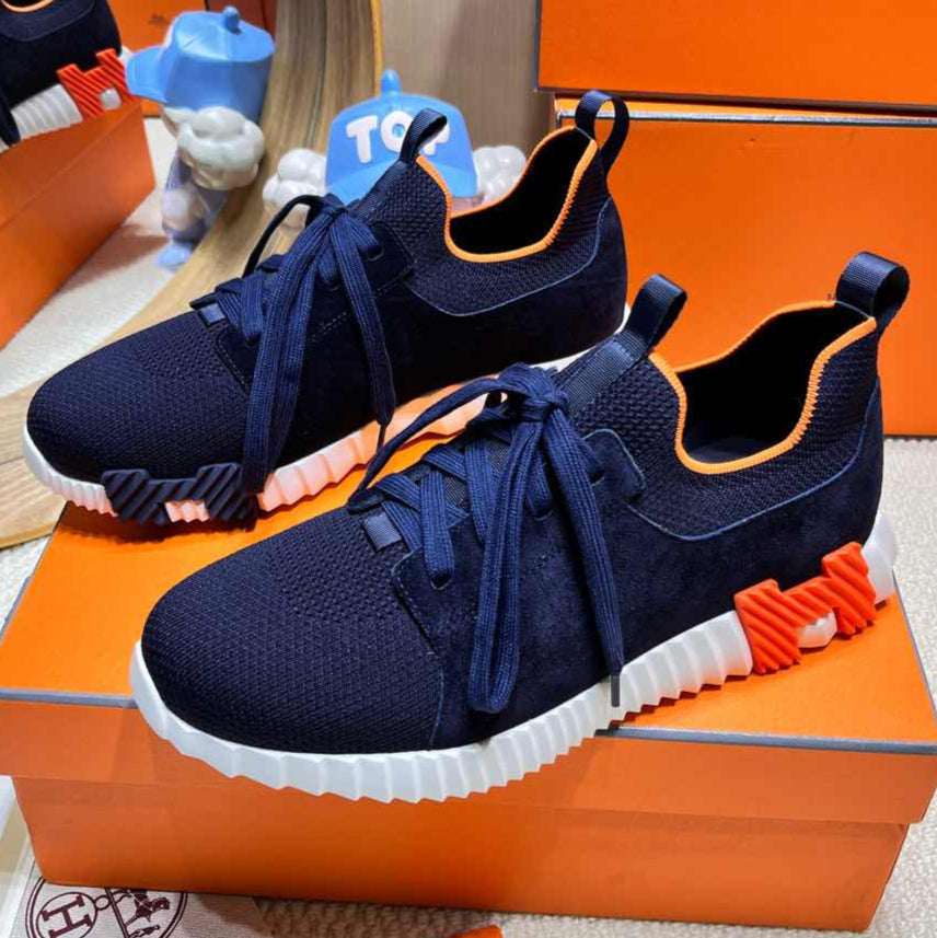 HERMES DEPART SLIP-ON SNEAKER IN NAVY BLUE KNIT AND CALFSKIN