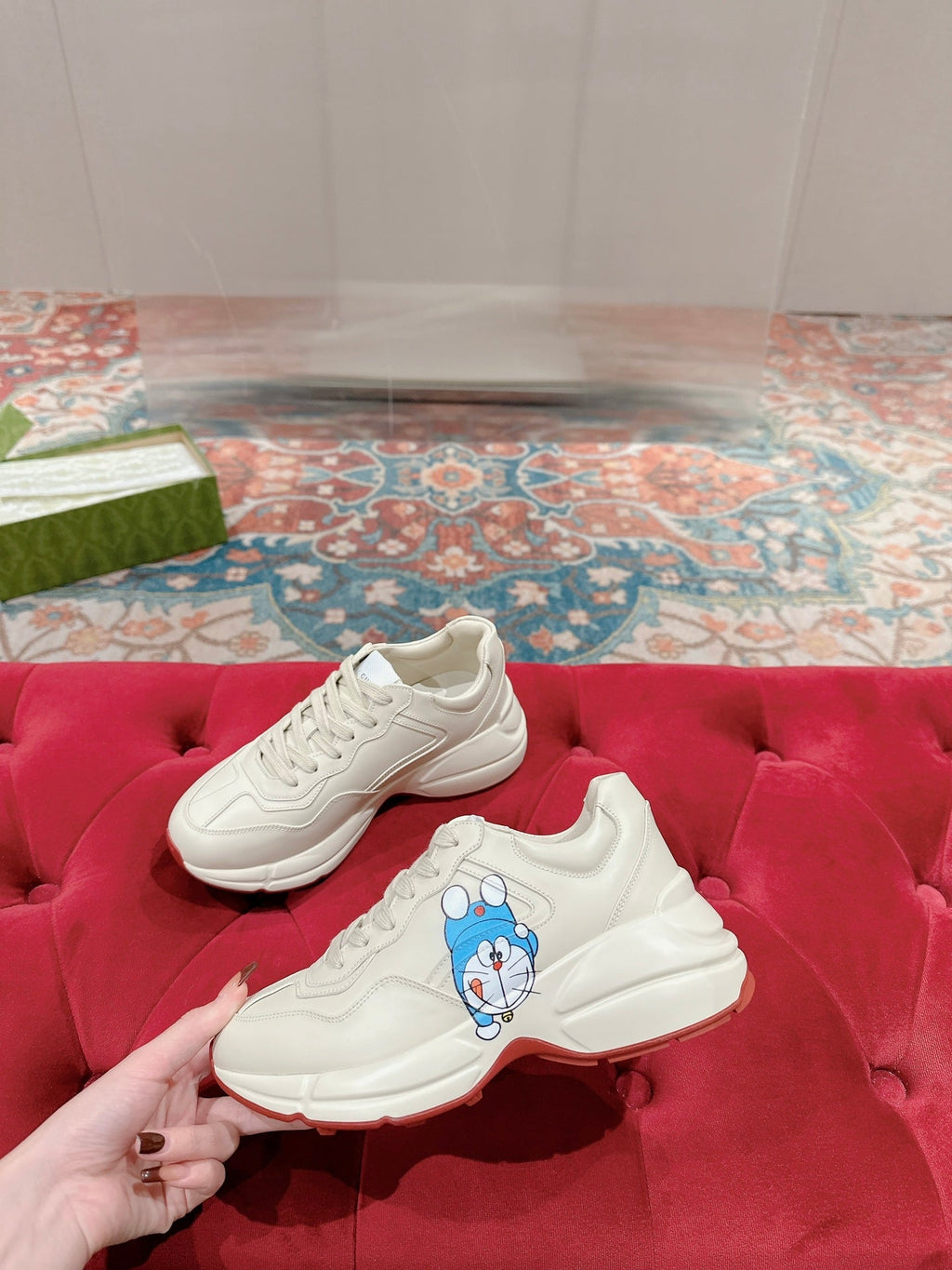 GUCCI RHYTON TRAINER WHITE CALFSKIN WITH DOREMON MOTIF