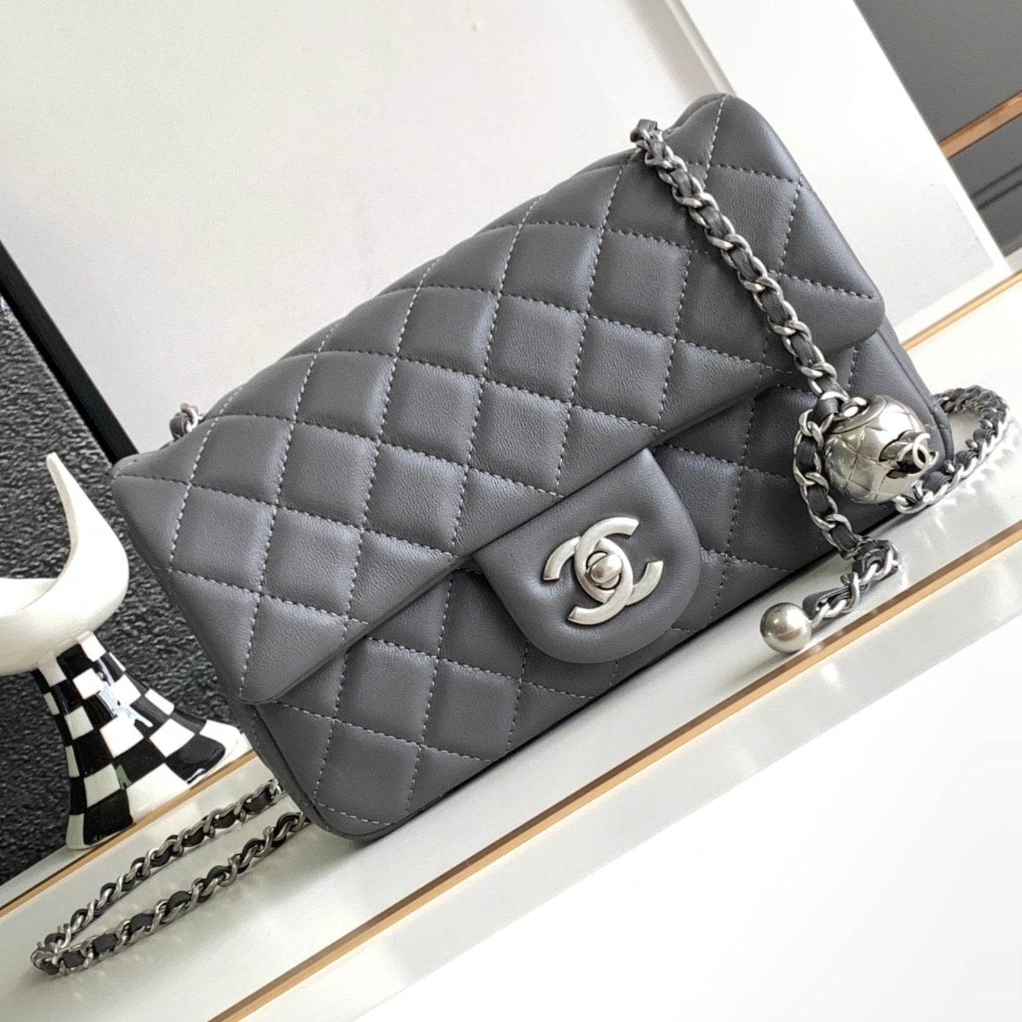CHANEL MINI 20 FLAP BAG IN DARK GREY CALFSKIN