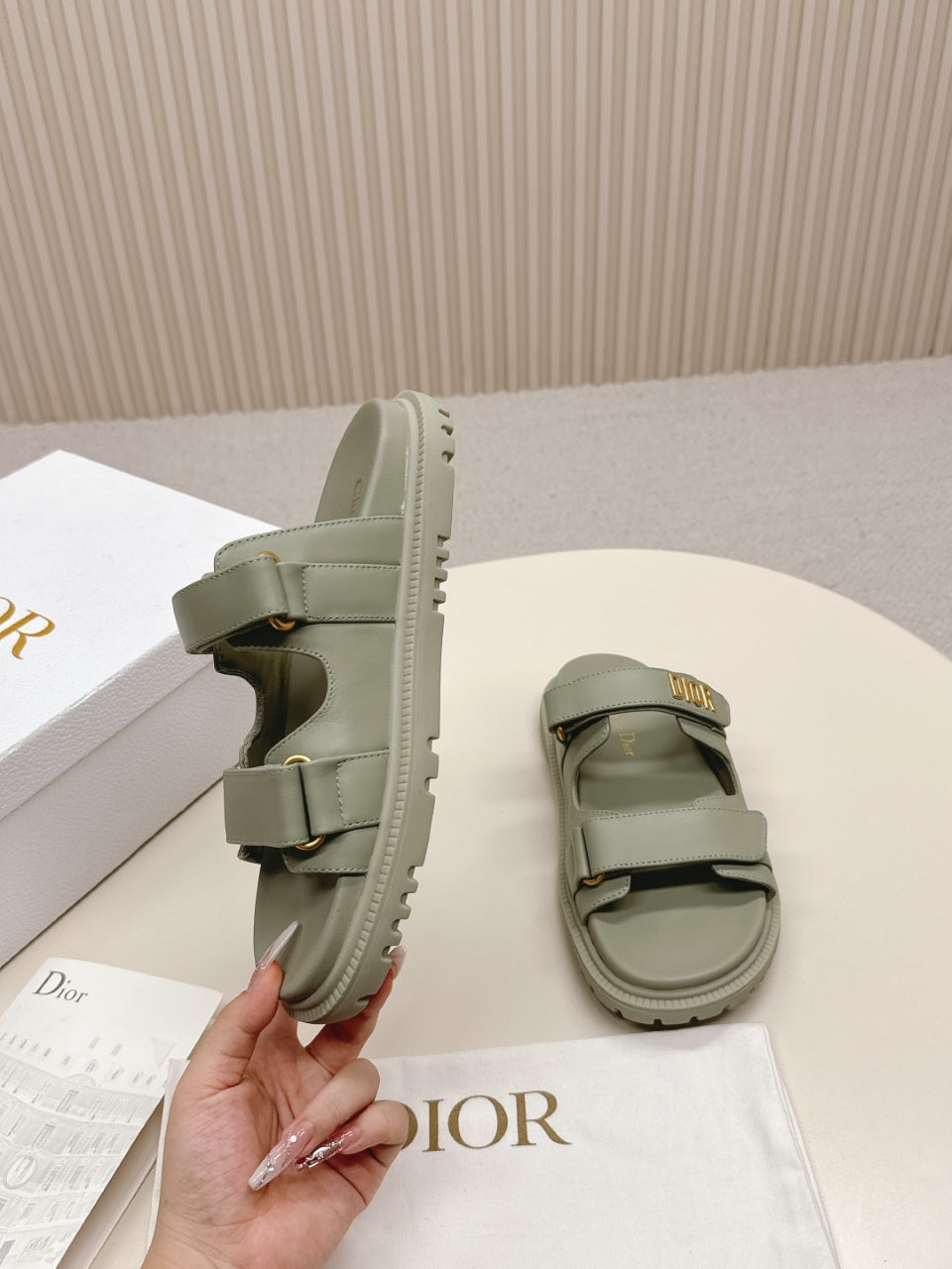 DIOR CLASSIC DOUBLE-STRAP SLIDES 25S IN LIGHT MOSS GREEN CALFSKIN