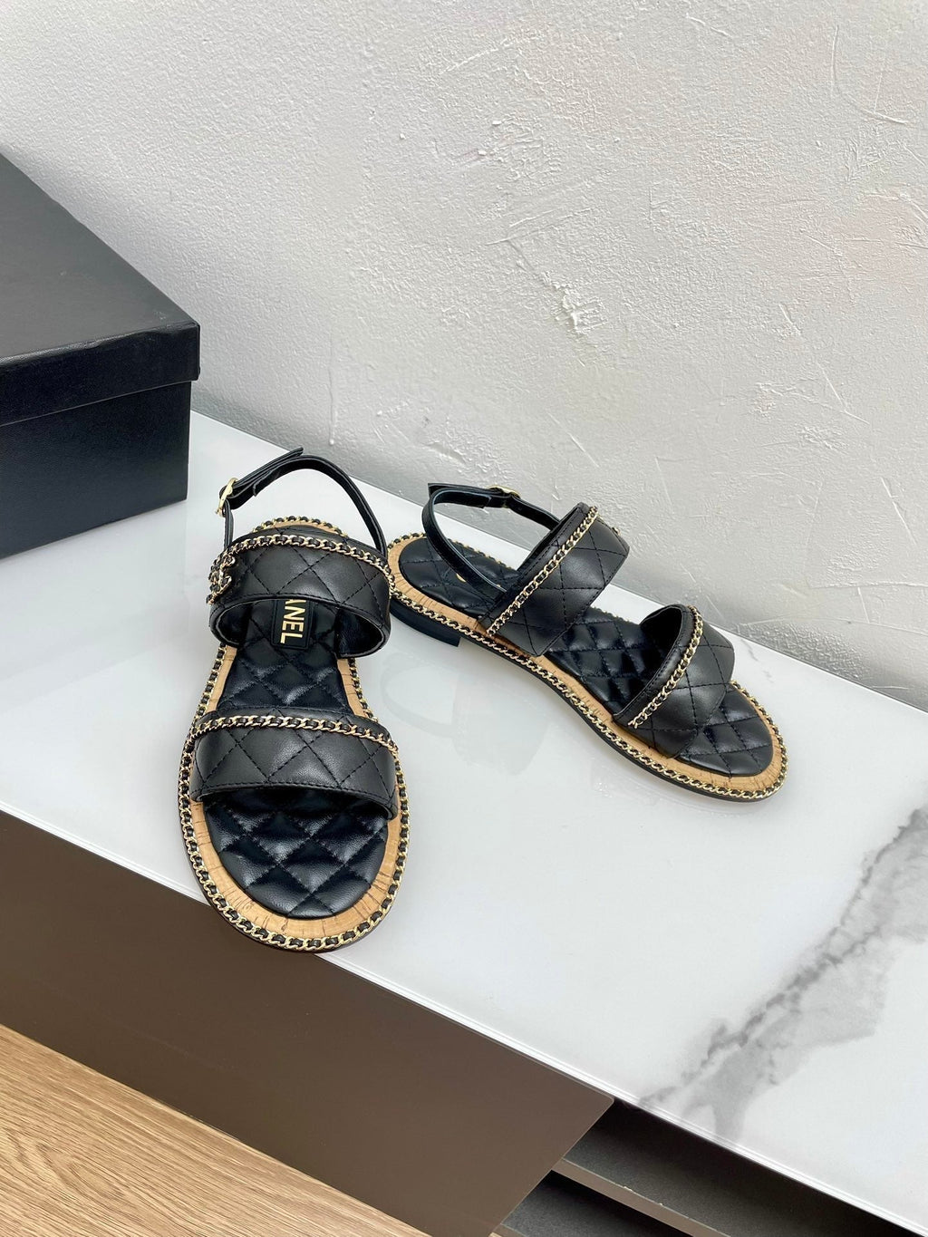 CHANEL DOUBLE STRAPS SANDALS IN BLACK LAMBSKIN
