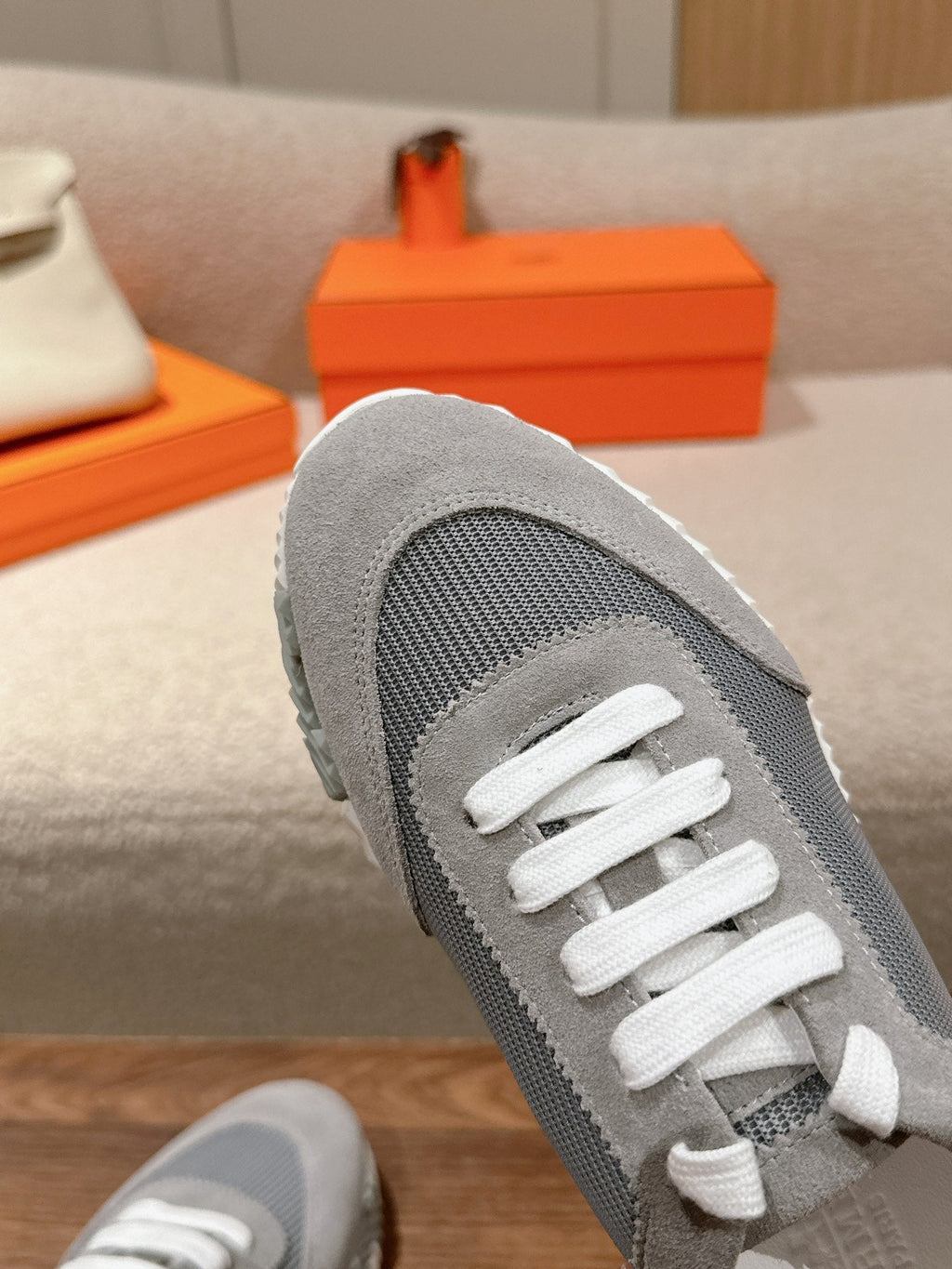 HERMES MAINLAND SNEAKER IN ASH GRAY SUEDE AND SHARK GRAY BREATHABLE MESH FABRIC 959350
