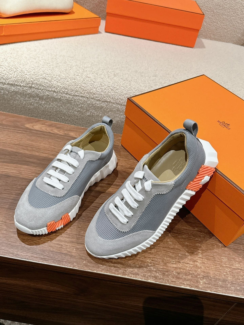 HERMES MAINLAND SNEAKER IN ASH GRAY SUEDE AND SHARK GRAY BREATHABLE MESH FABRIC