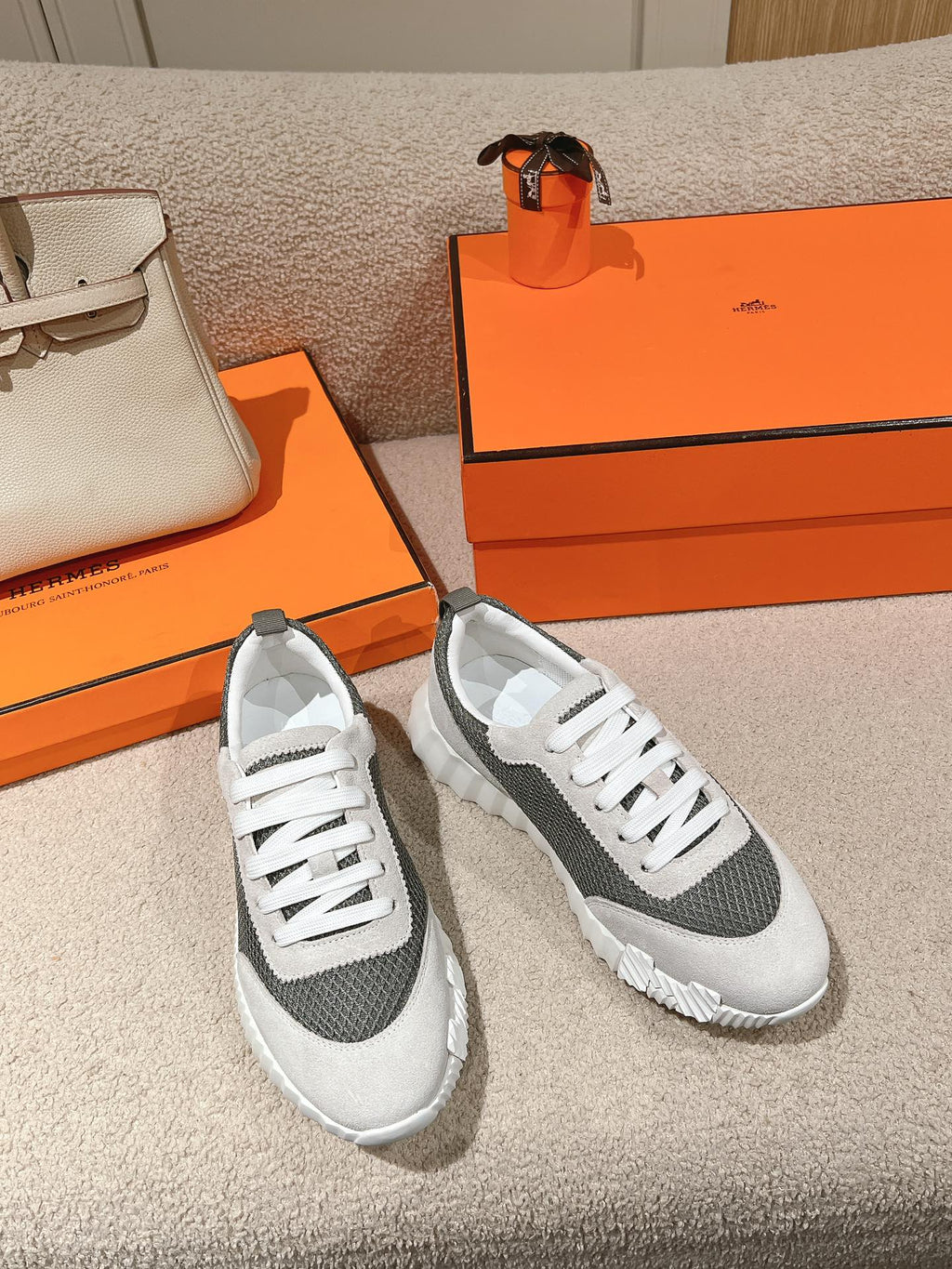 HERMES MAINLAND SNEAKER IN PALE GRAY SUEDE AND SMOKE GRAY BREATHABLE MESH FABRIC