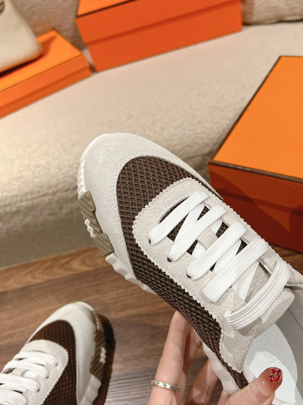 HERMES MAINLAND SNEAKER IN PALE GRAY SUEDE AND MOCHA BROWN BREATHABLE MESH FABRIC