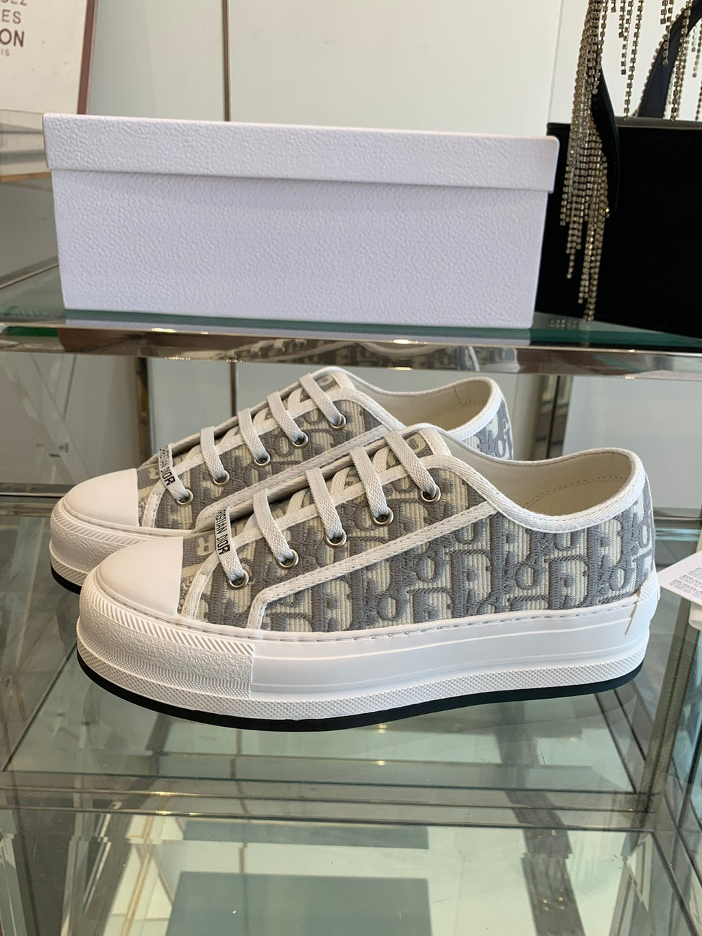 DIOR WALK'N PLATFORM SNEAKER IN DOLPHIN GRAY EMBROIDERY ICONIC PATTERNS FABRIC