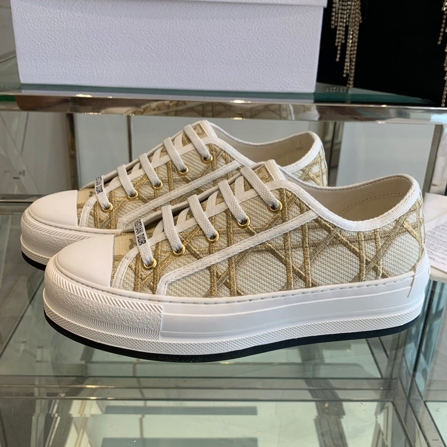 DIOR WALK'N PLATFORM SNEAKER IN BEIGE-GOLD TONE EMBROIDERED FABRIC