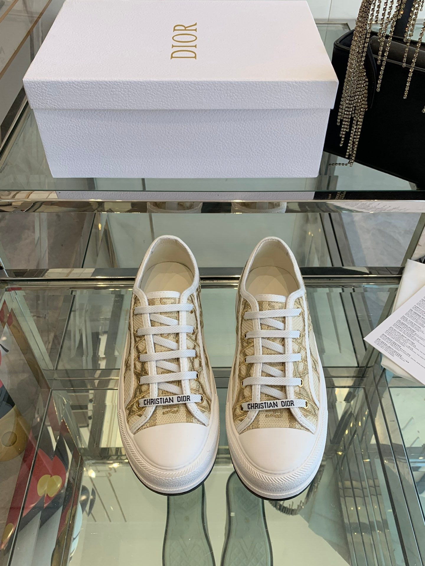 DIOR WALK'N PLATFORM SNEAKER IN BEIGE-GOLD TONE EMBROIDERED FABRIC