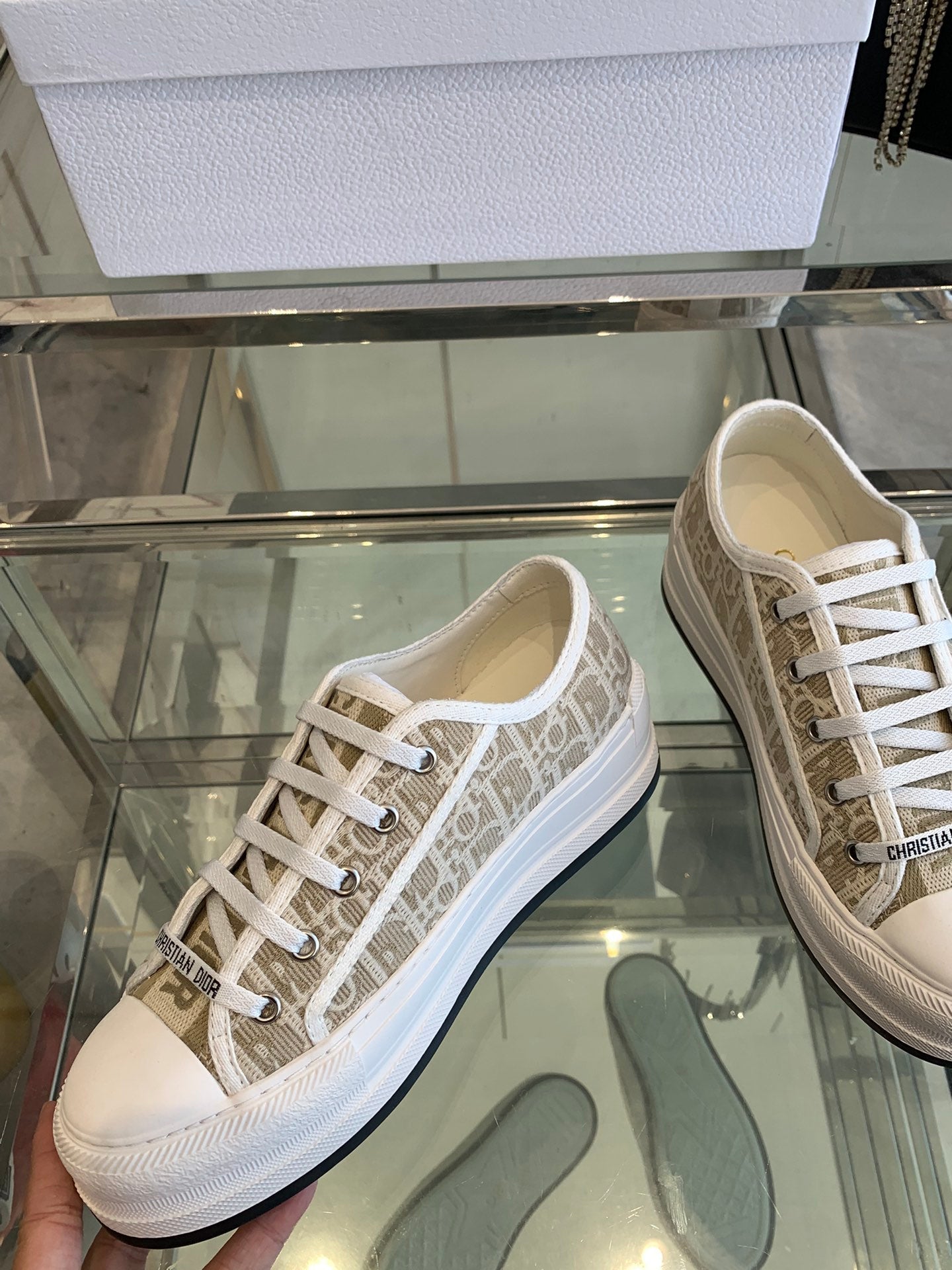 DIOR WALK'N PLATFORM SNEAKER CAMEL BEIGE OBLIQUE EMBROIDERED COTTON