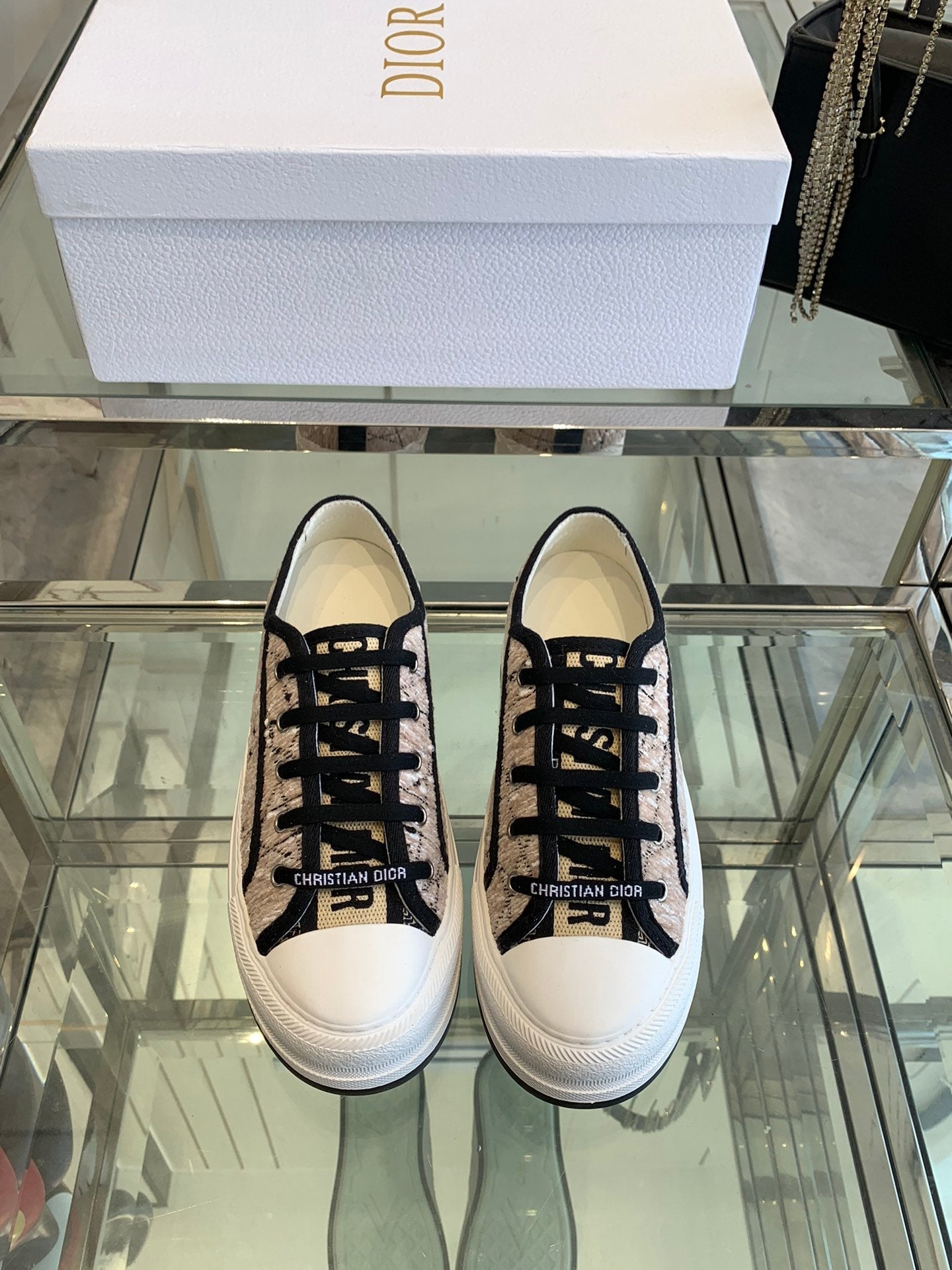 DIOR WALK'N PLATFORM SNEAKER BEIGE AND BLACK CANNAGE TWEED