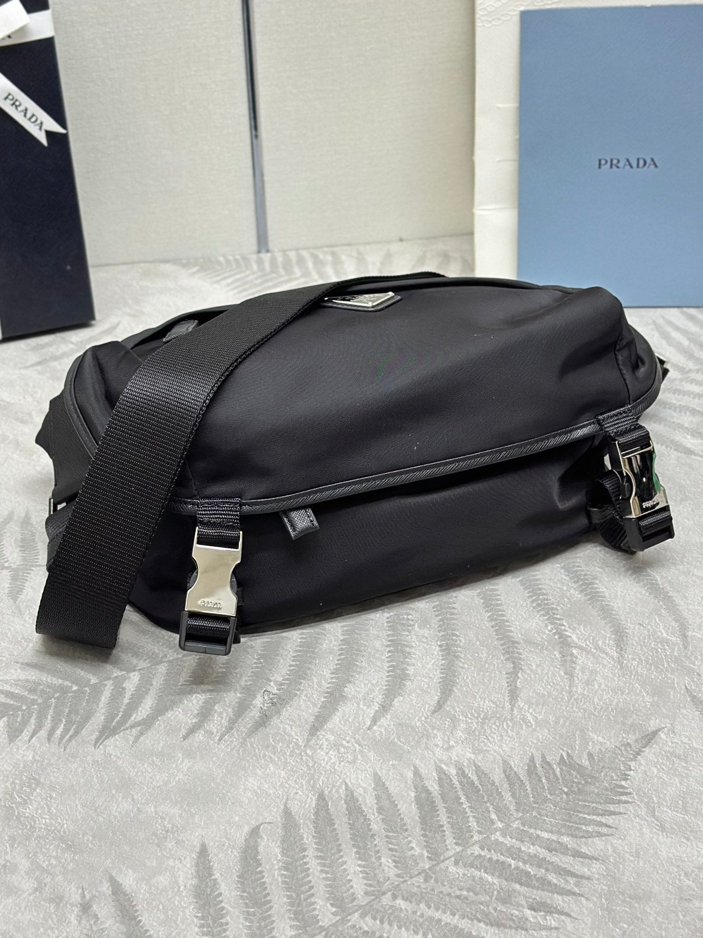 PRADA SHOULDER BAG 27 IN BLACK RE-NYLON TRIANGLE LOGO
