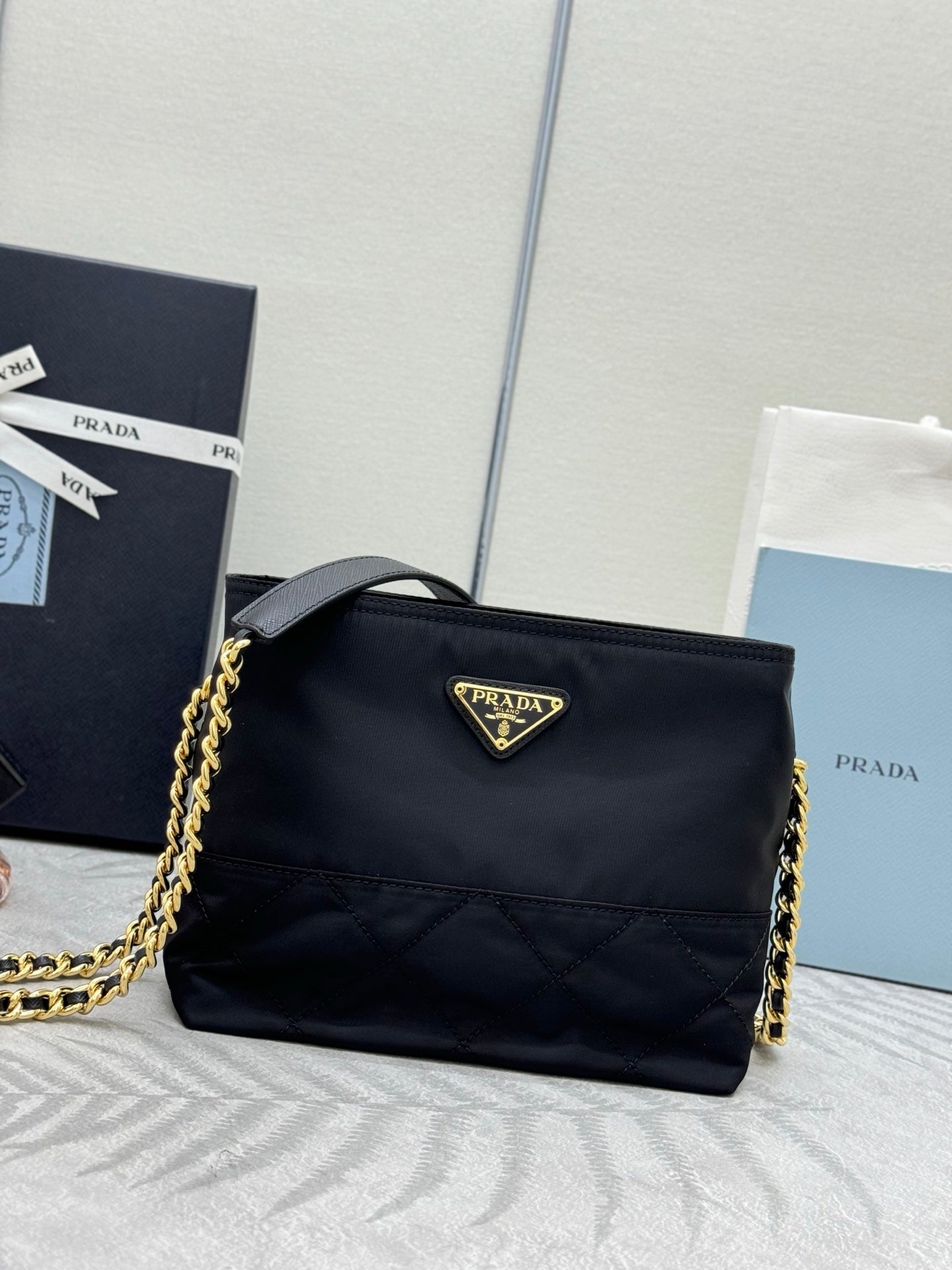 PRADA 25S CROSSBODY BAG 21 IN BLACK NYLON GOLD HARDWARE