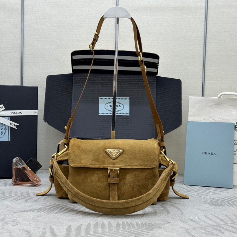 PRADA 25S EXPLORE MEDIUM SHOULDER BAG 30 IN RK GOLDEN BROWN SUEDE WITH FLAP