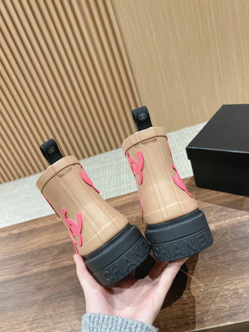 CHANEL RAIN BOOTS BEIGE CREAM TPU WITH PINK LOGO
