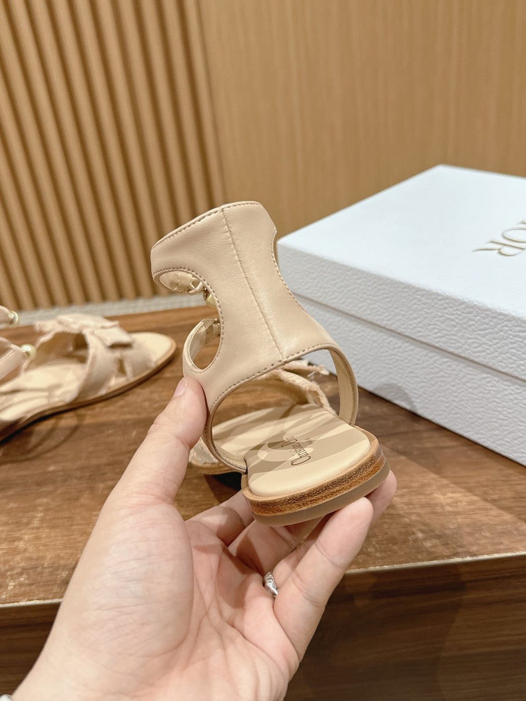 DIOR AABLE SANDALS 25S IN LIGHT BEIGE FABRIC AND LAMBSKIN WITH PEARL DETAILING
