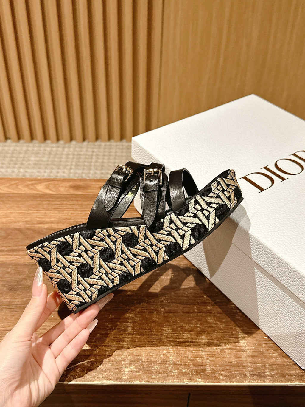 DIOR ATTITUDE WEDGE SLIDE 90MM IN BLACK ADJUSTABLE STRAPS CALFSKIN CANVAS SOLE