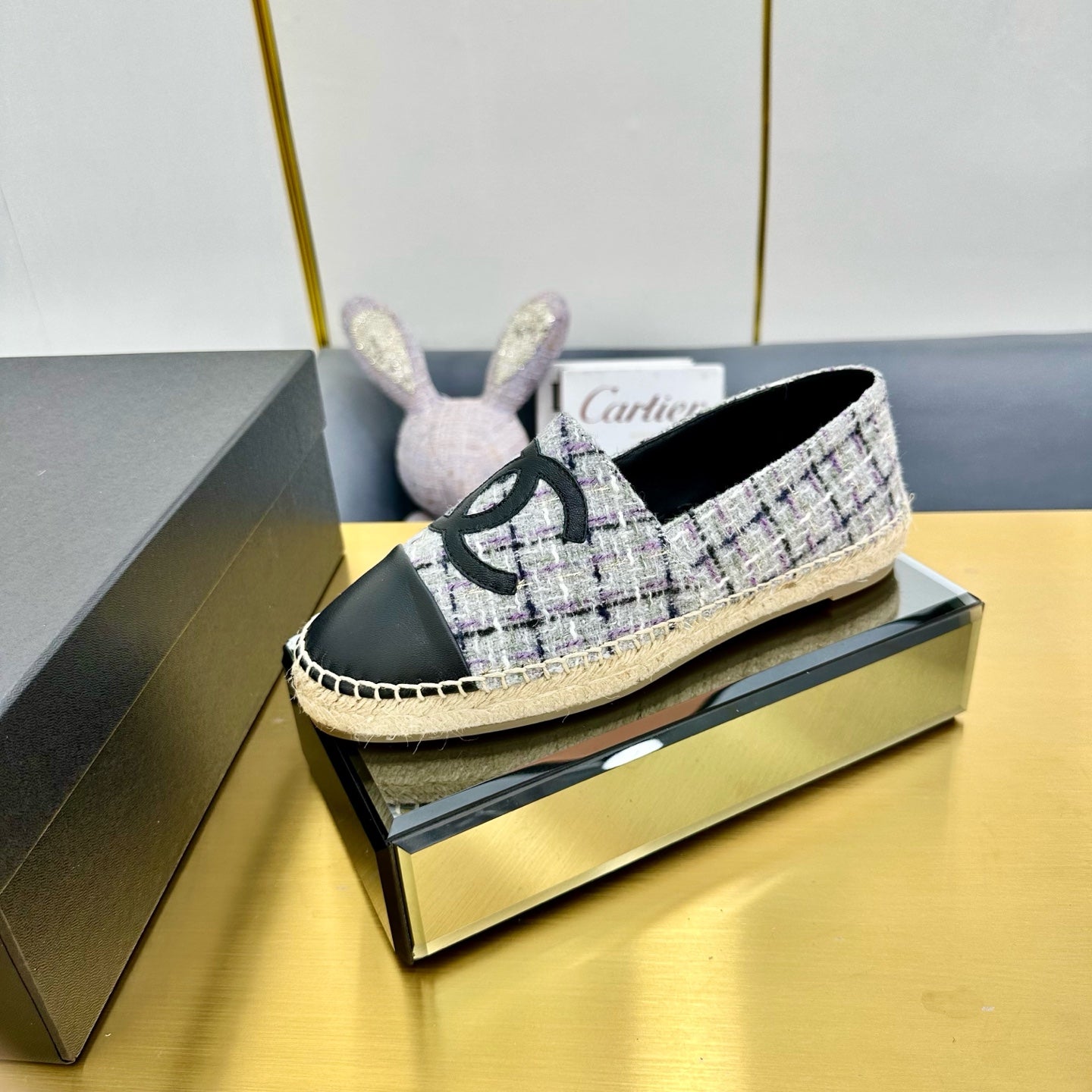 CHANEL ESPADRILLES PLATFORM 25S MIX COLOR TWEED AND BLACK CALFSKIN