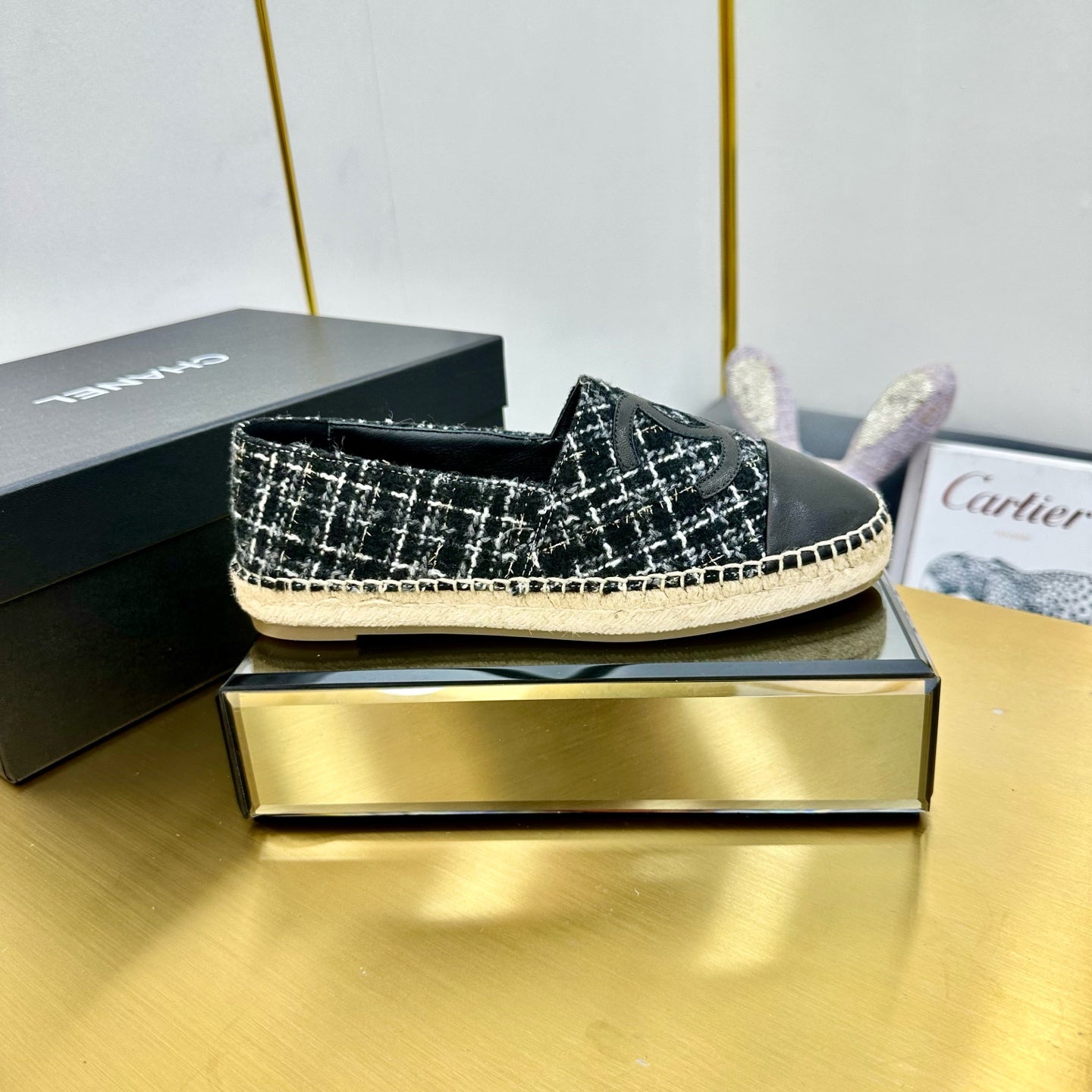 CHANEL ESPADRILLES PLATFORM 25S IN BLACK TWEED AND CALFSKIN