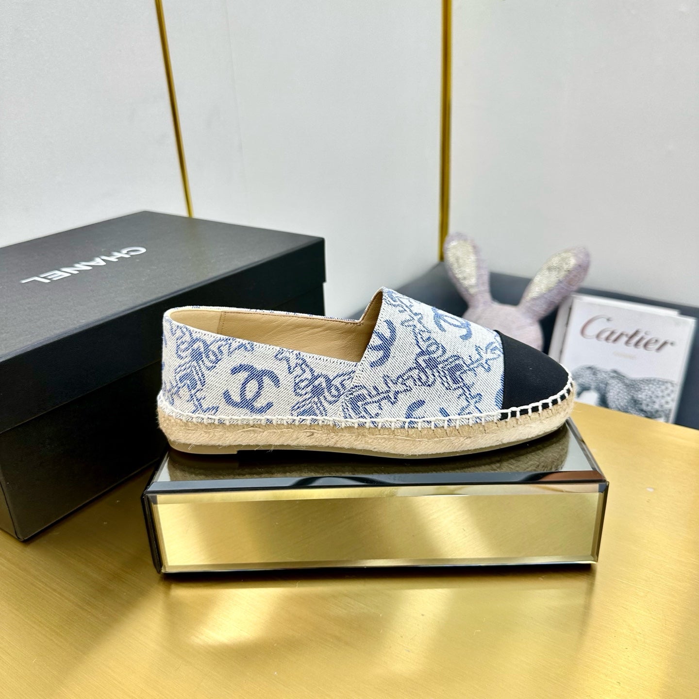 CHANEL ESPADRILLES PLATFORM IN BLUE MIX BLACK FABRIC