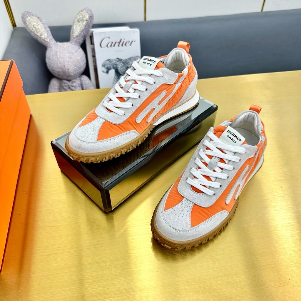 HERMES JET SNEAKER IN PALE GRAY SUEDE MIX ORANGE CALFSKIN
