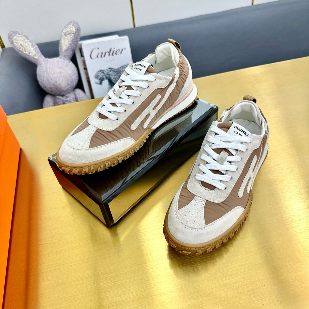 HERMES JET SNEAKER IN KHAKI MIX MEDIUM BROWN SUEDE